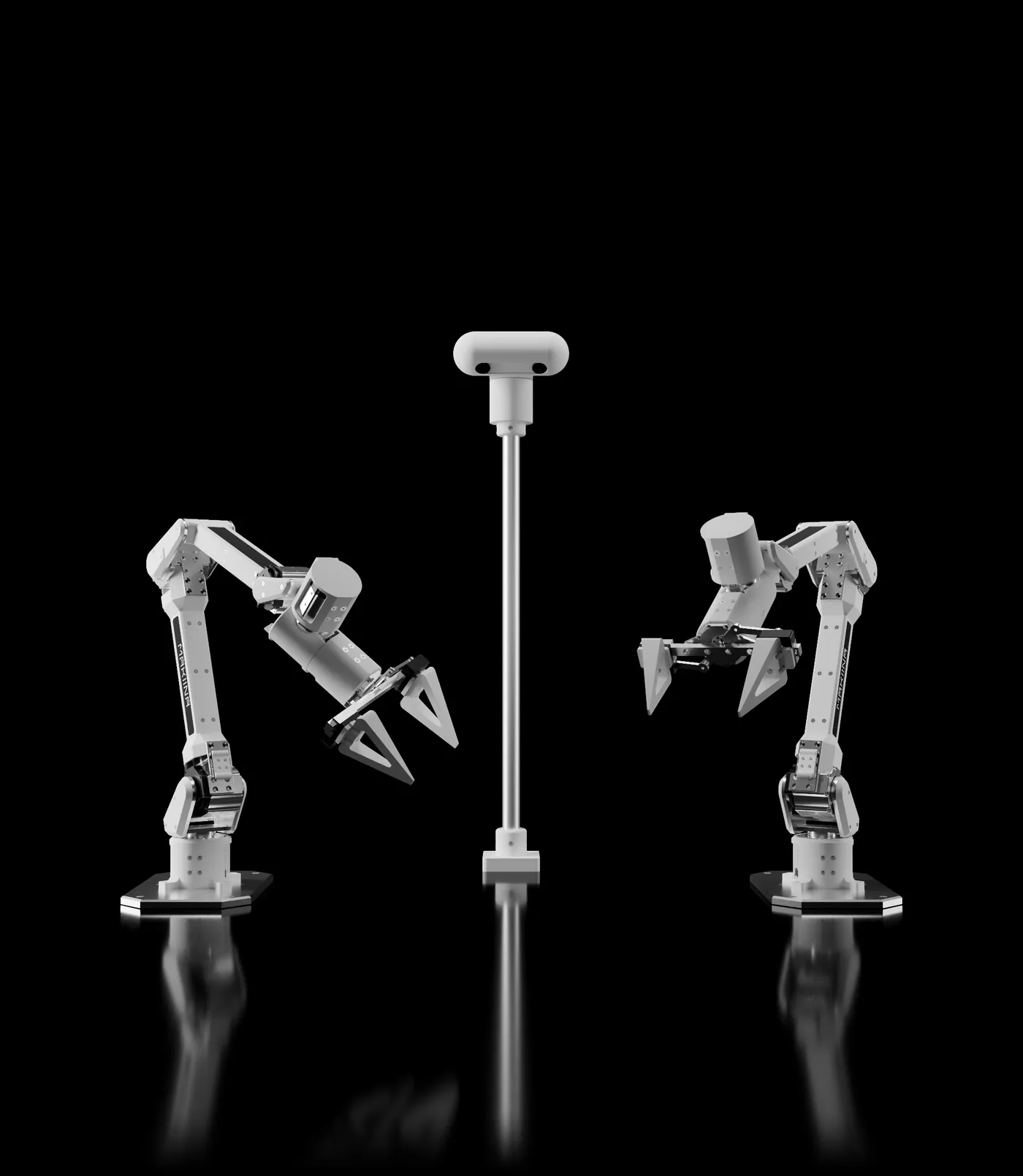 MAKIINA dual arm robot system with stereo camera head, two 6 axis robot arms with parallel grippers