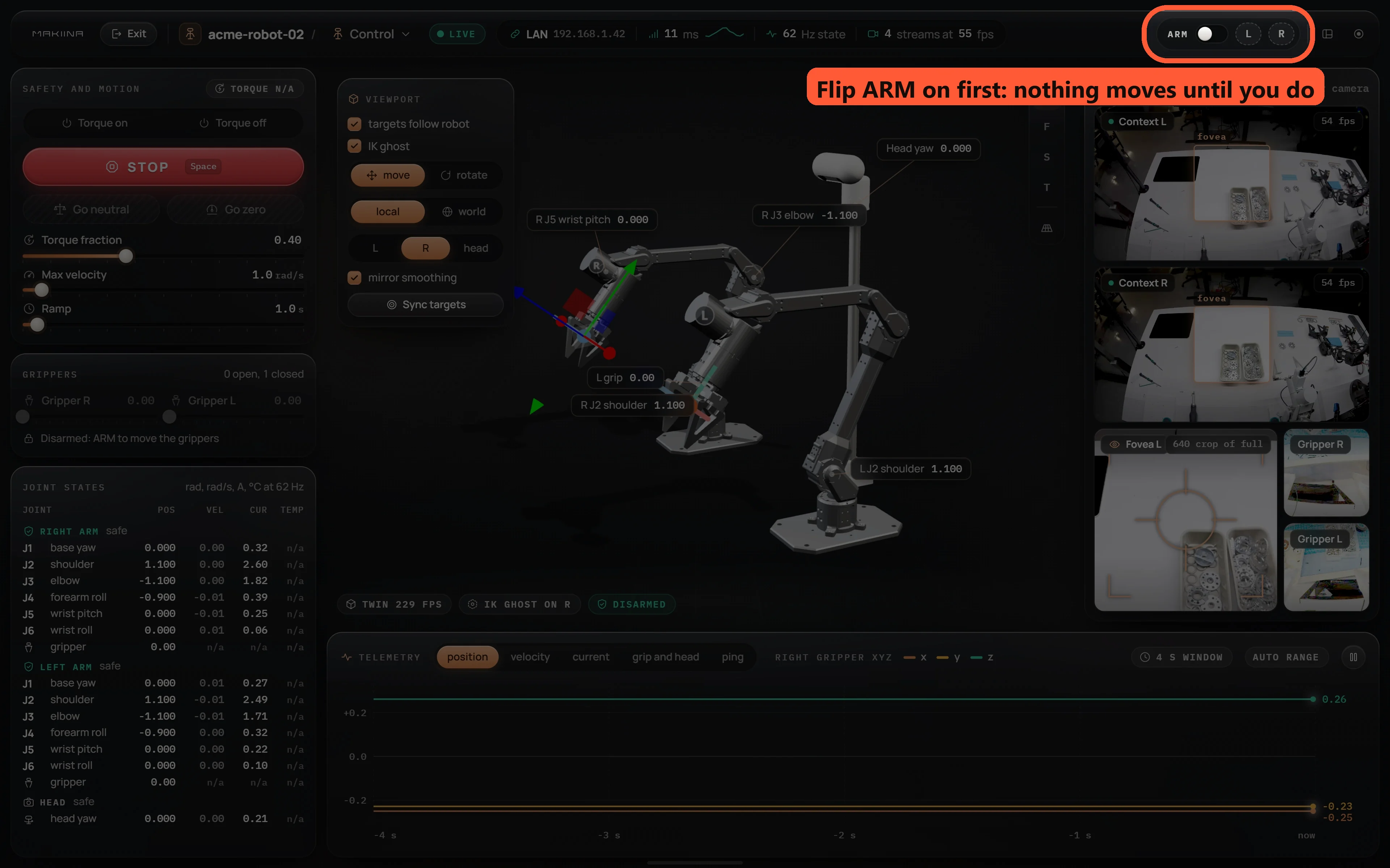 The Control page with the ARM switch in its top right corner ringed: flip ARM on first, nothing moves until you do.
