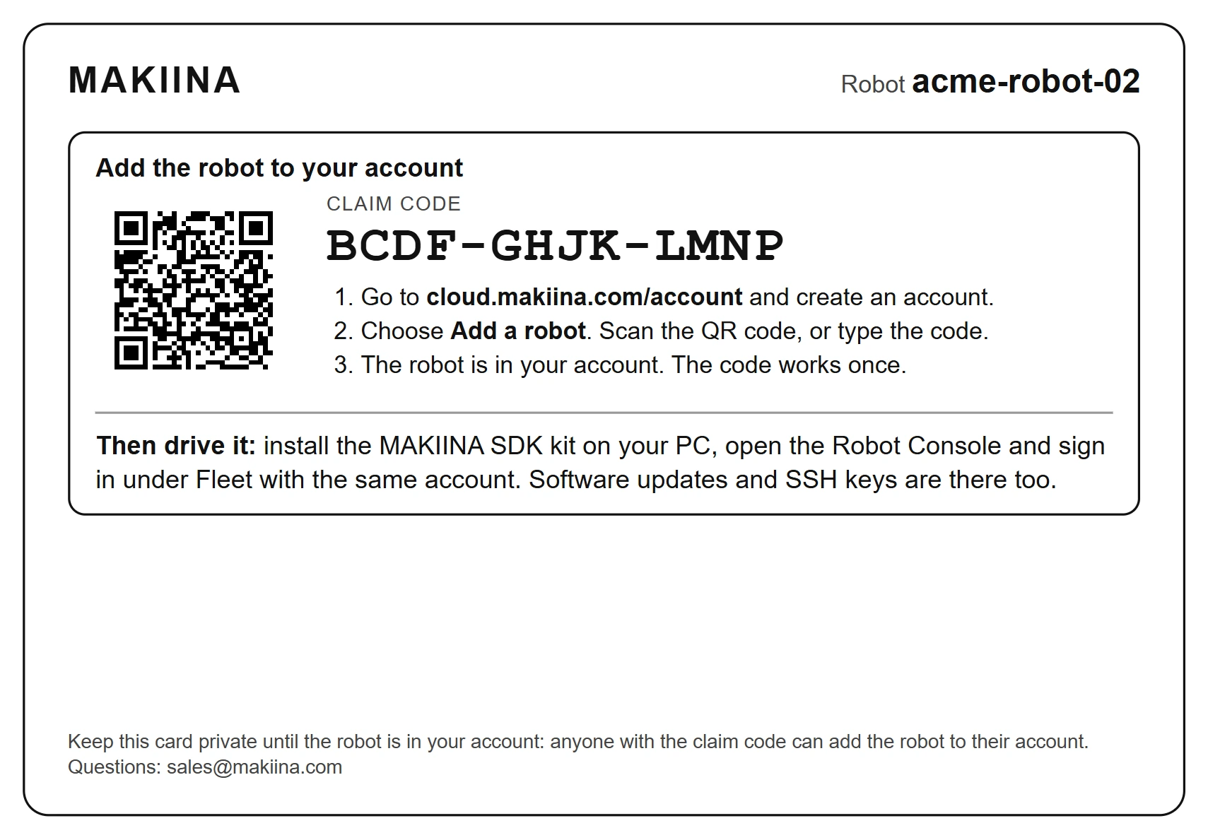 The robot's printed card with its claim code, a QR code and the three steps to add the robot.
