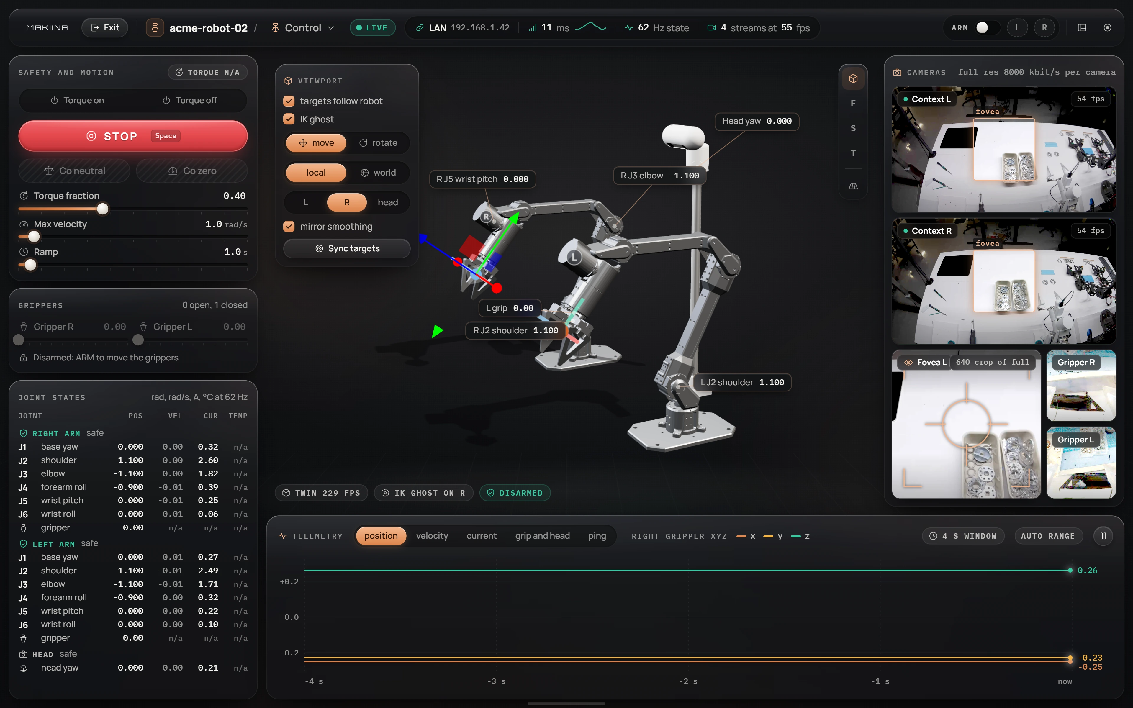 The Robot Console Control page in a live session with acme-robot-02: Safety and motion, Joint states, the 3D twin of both arms and the head, the camera pictures and Telemetry.