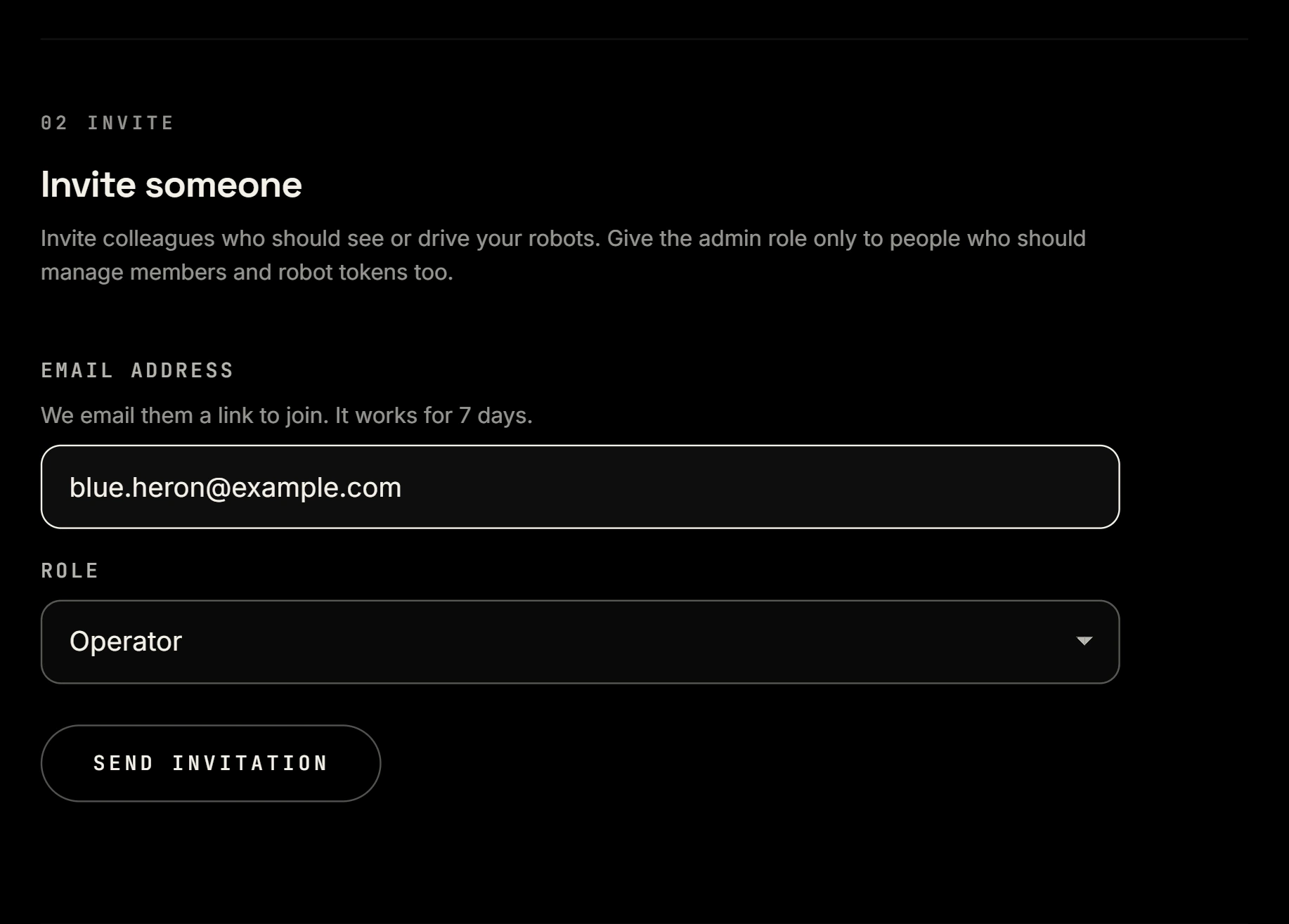 Inviting a colleague in the account console, with an email address and the role Operator.