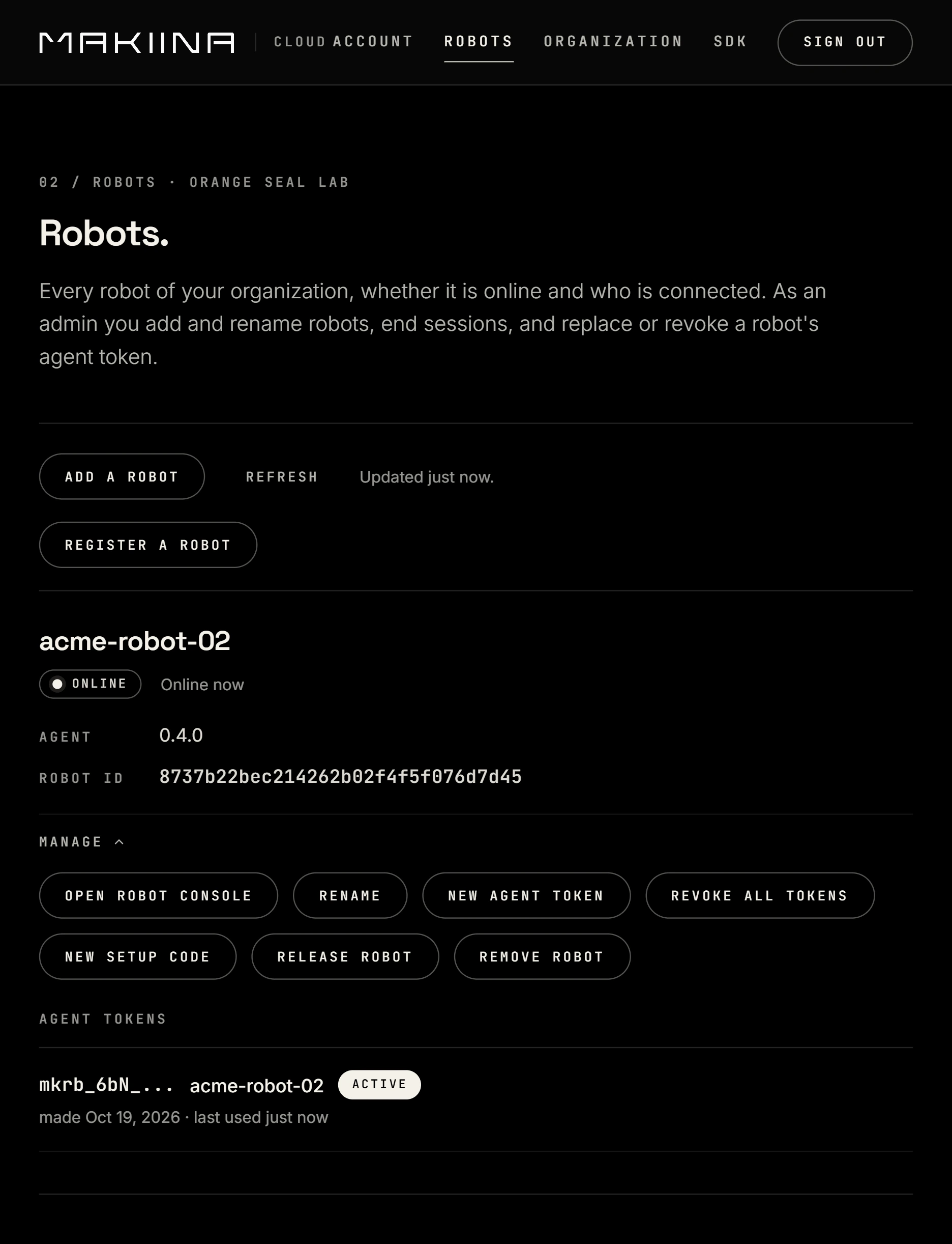 The Manage actions of acme-robot-02 on the Robots page of the account console.