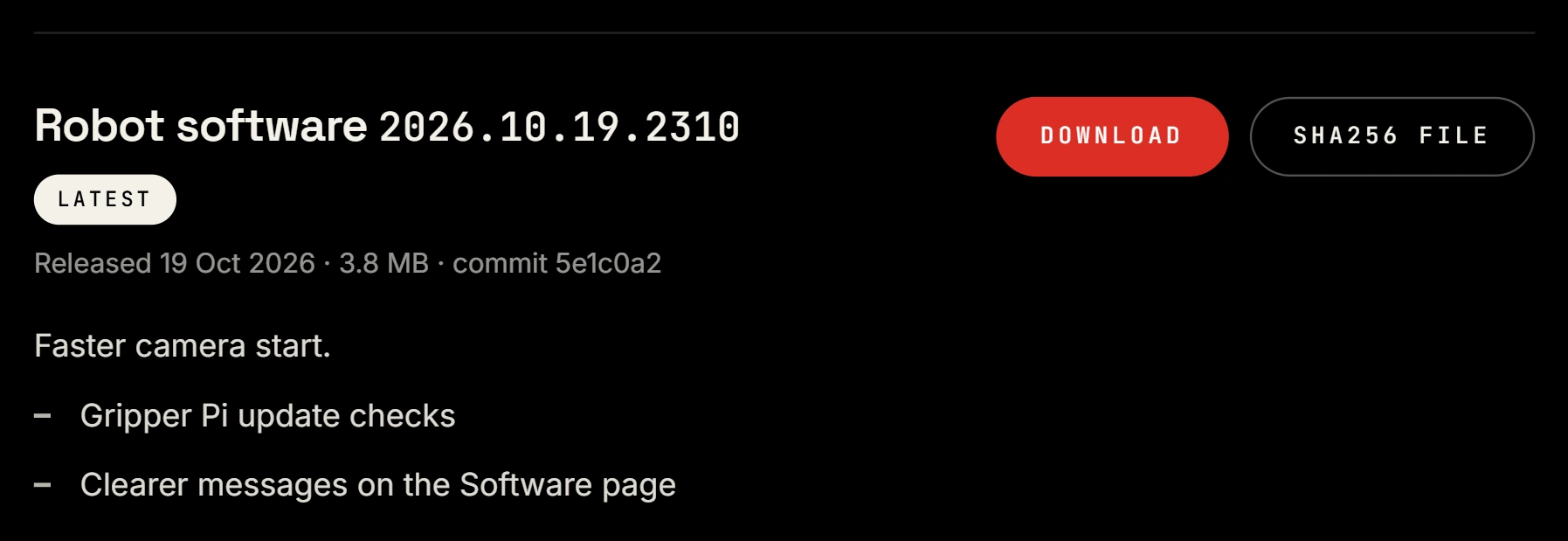 An example robot release on the download page, with its notes, checksum and file name.