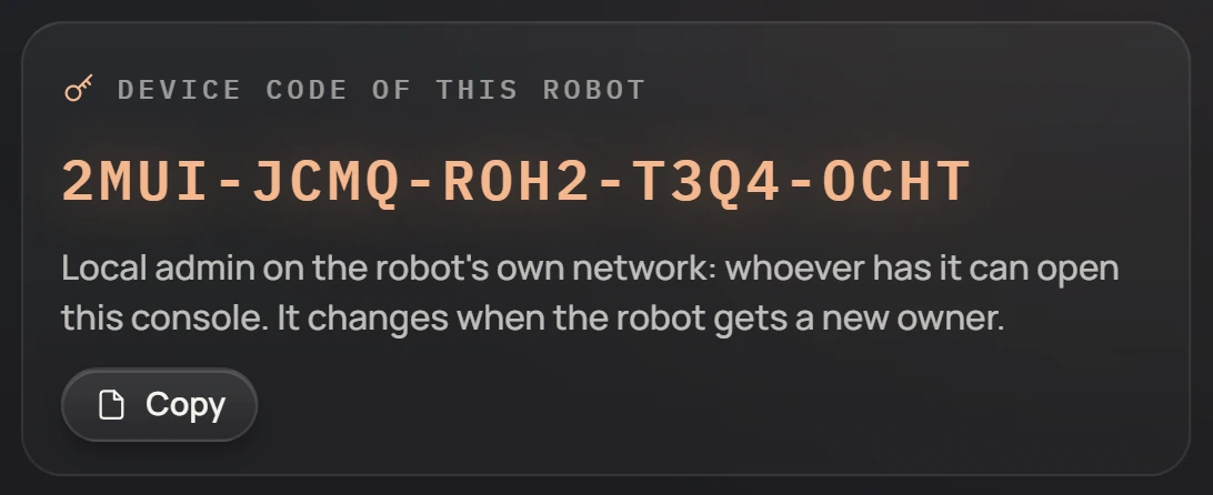 The device code on the robot's Cloud page in the Robot Console.