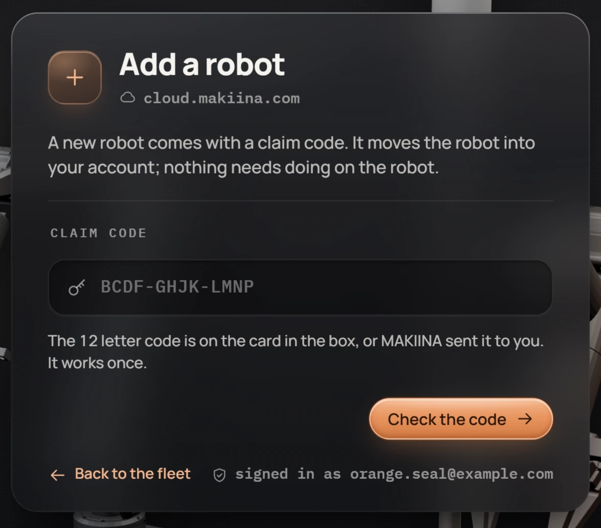 Add a robot in the Robot Console, with a claim code typed in.