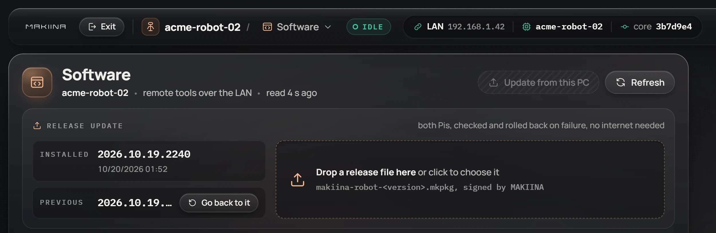 The Software page of acme-robot-02 in the Robot Console, over the local network: the installed and the previous release, and a place to drop a release file.