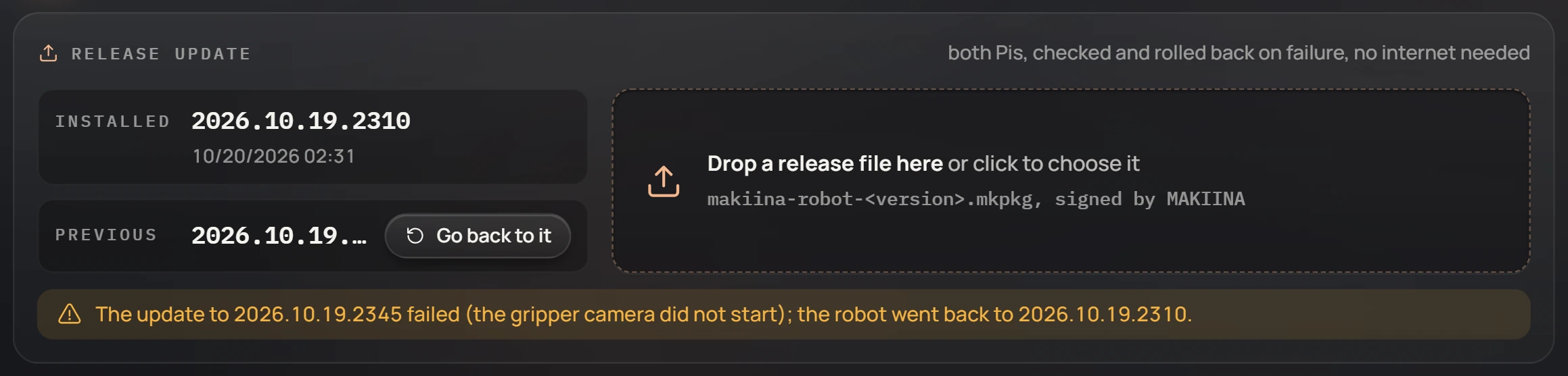 A release update that failed and went back to the previous version.