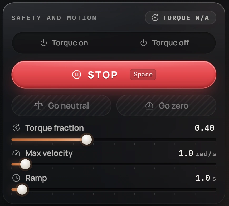 The Safety and motion card: Torque on, Torque off, STOP, Go neutral, Go zero, Torque fraction 0.40, Max velocity 1.0 rad/s and Ramp 1.0 s.