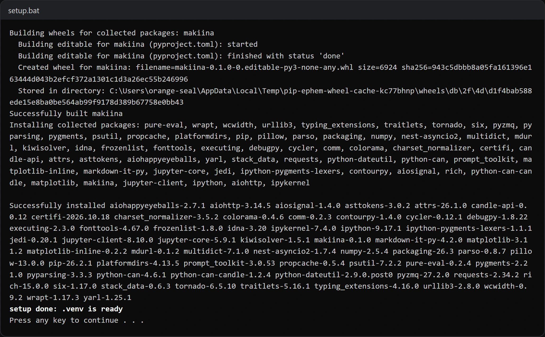 The setup window of the SDK kit at its end, with the line setup done: .venv is ready.