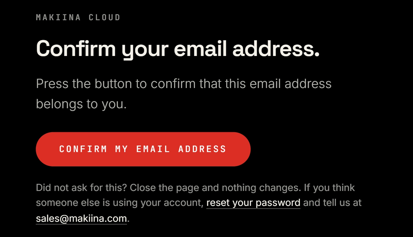 The page Confirm your email address with its CONFIRM MY EMAIL ADDRESS button.