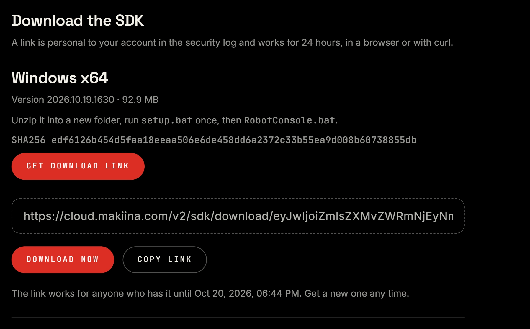 The SDK page of the account console: the Windows x64 kit with its version, size and checksum, a download link, DOWNLOAD NOW and COPY LINK.