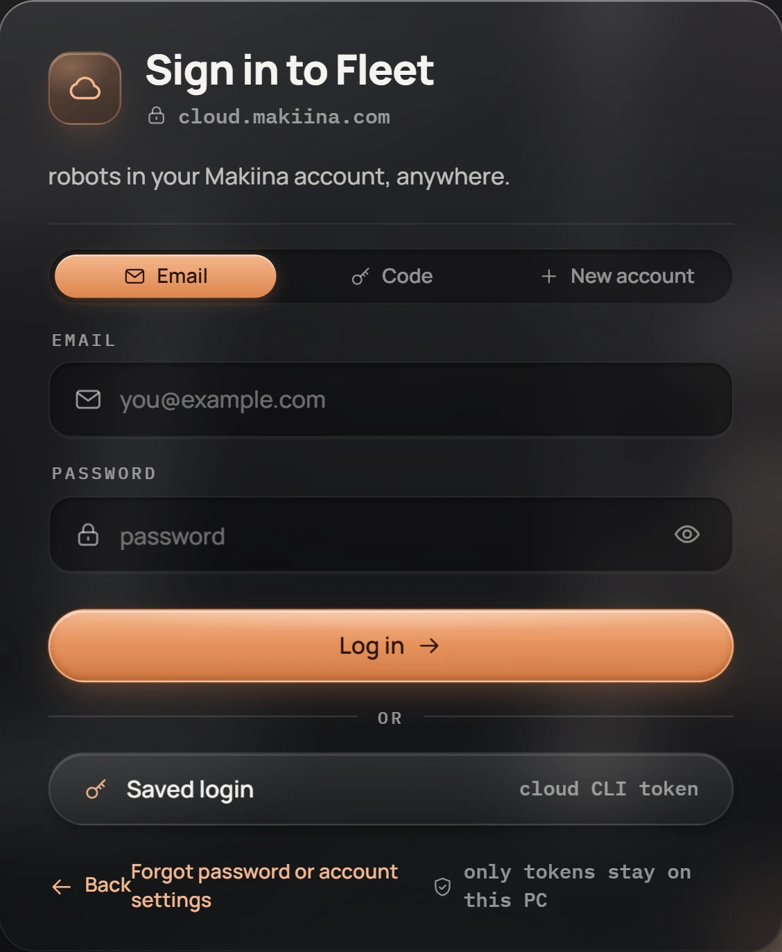 Sign in to Fleet in the Robot Console: Email, Code, New account and Saved login.