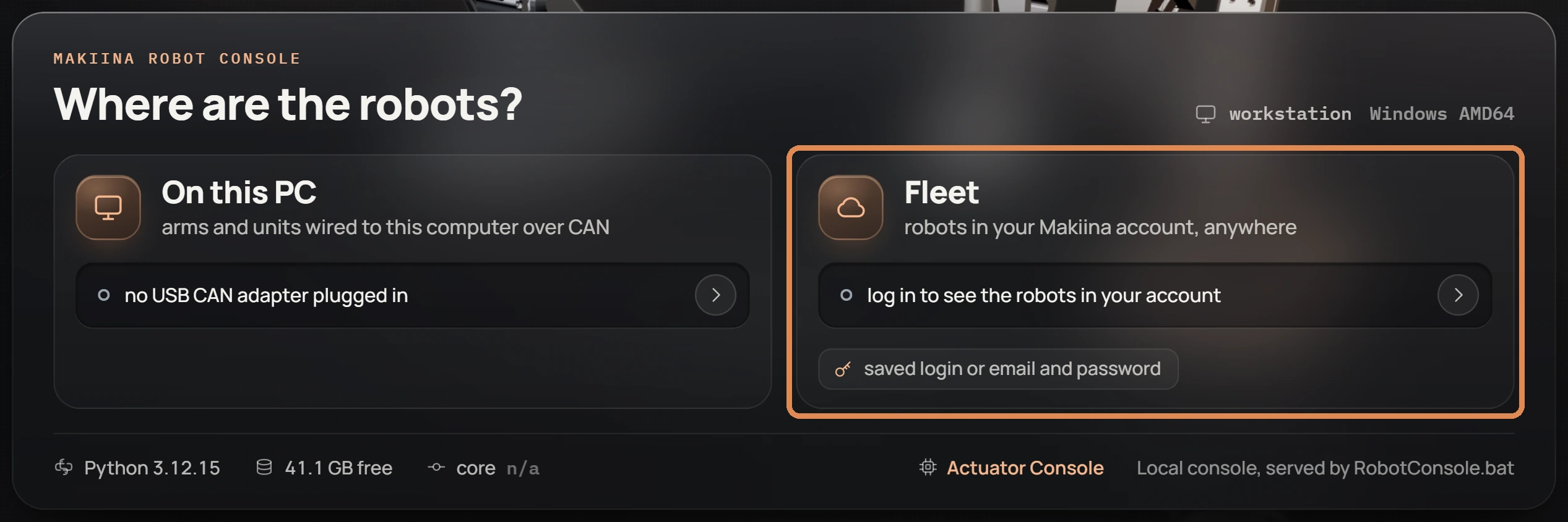 The landing page of the Robot Console on a PC with no adapter, with the Fleet card marked.