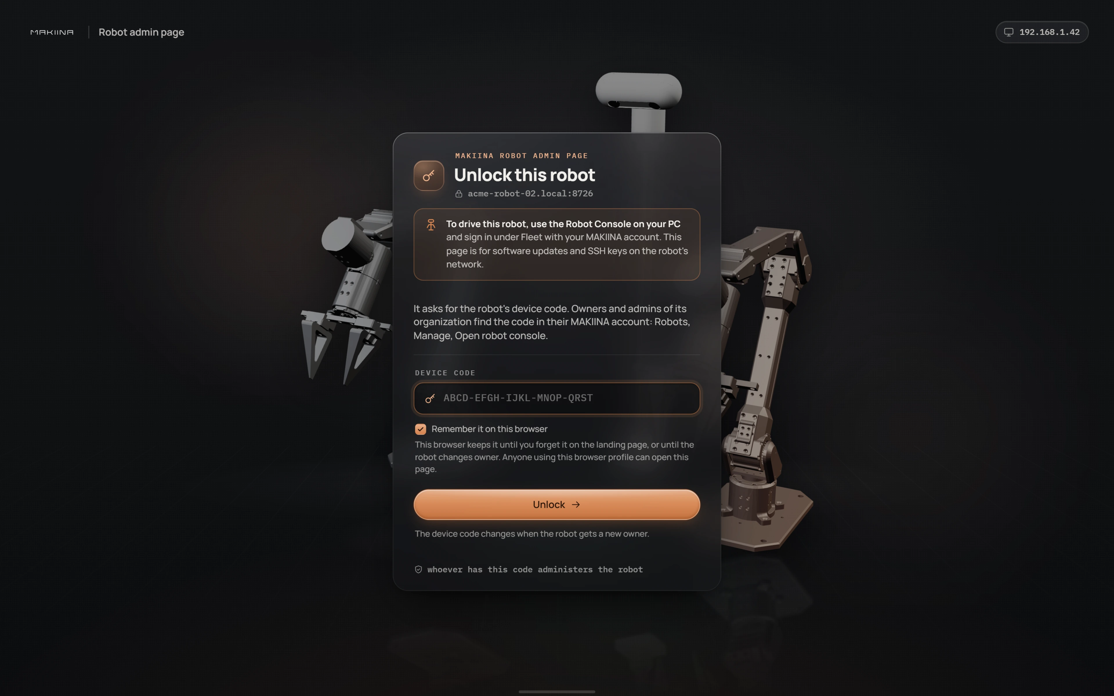 The Robot admin page asking for the robot's device code.