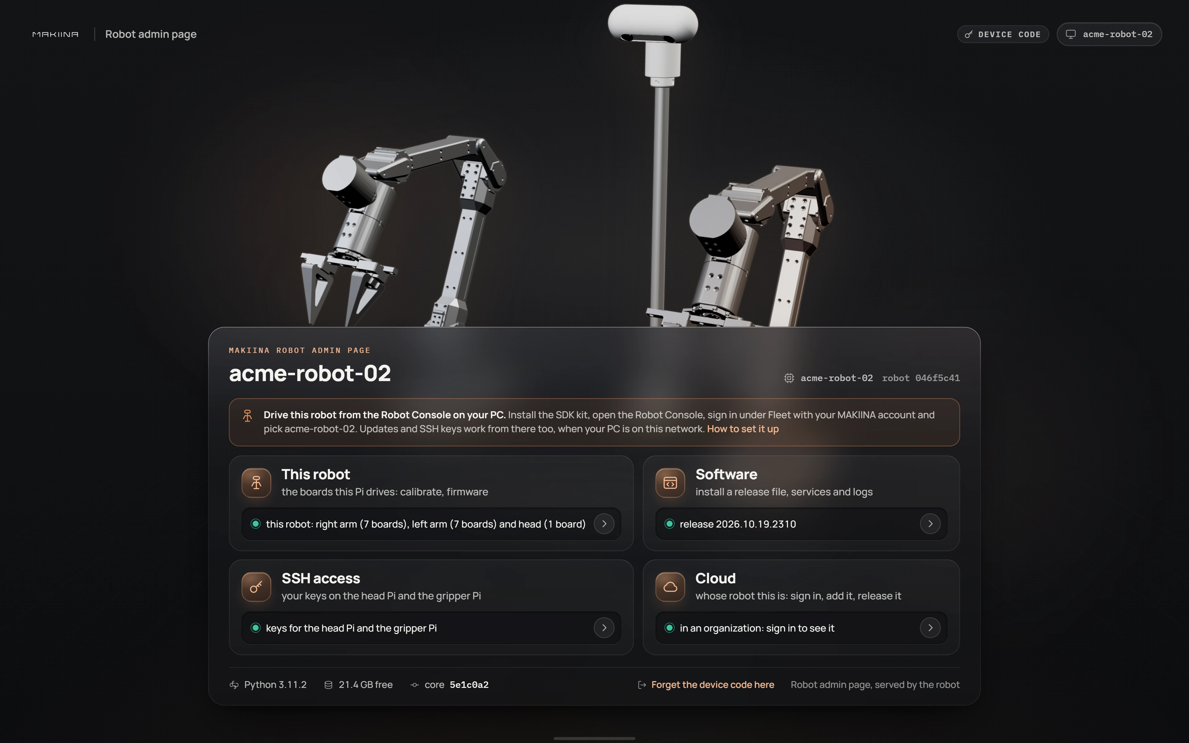 The Robot admin page of acme-robot-02 with its tiles This robot, Software, SSH access and Cloud.