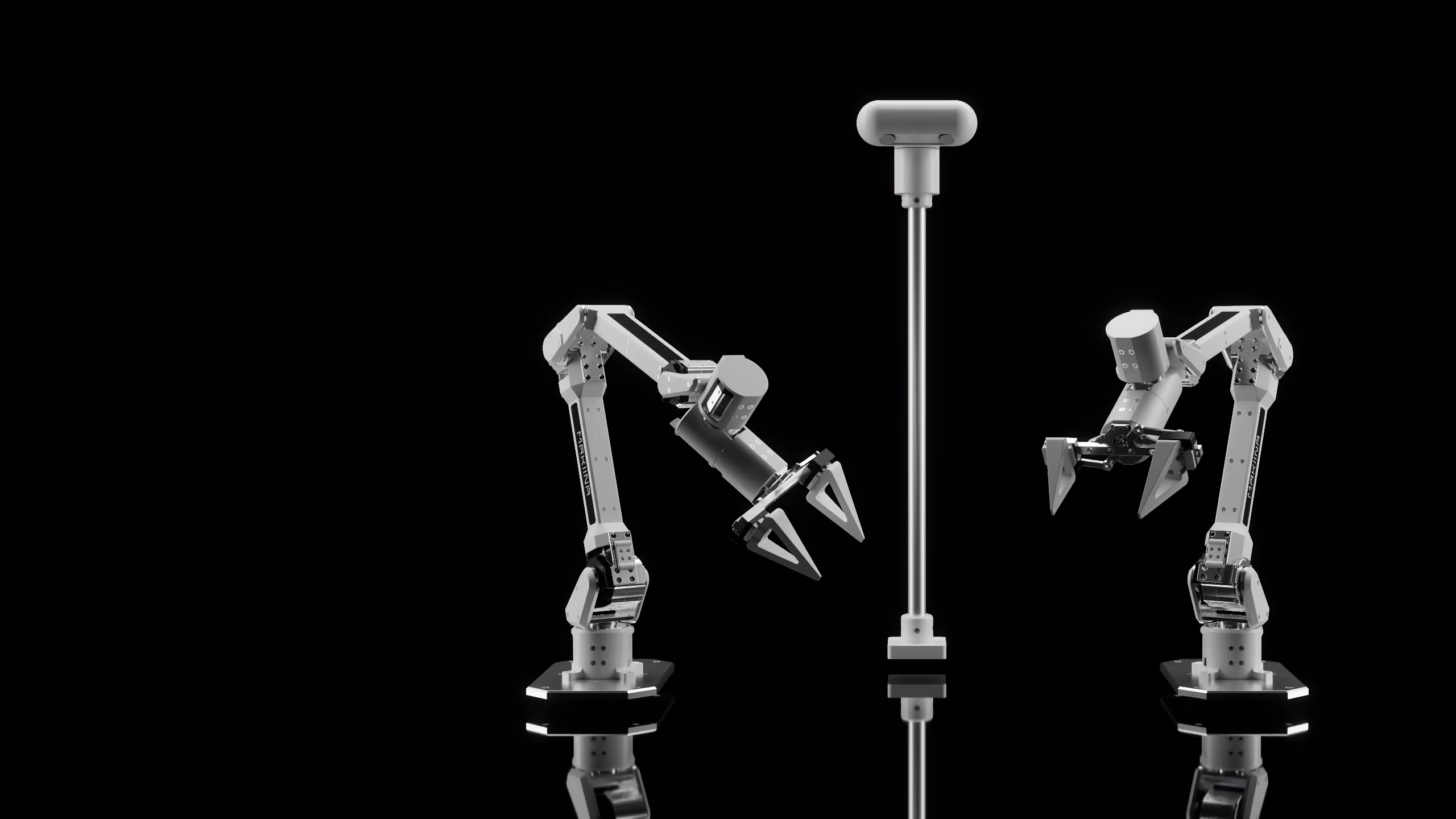 MAKIINA dual arm robot system with stereo camera head, two 6 axis robot arms with parallel grippers