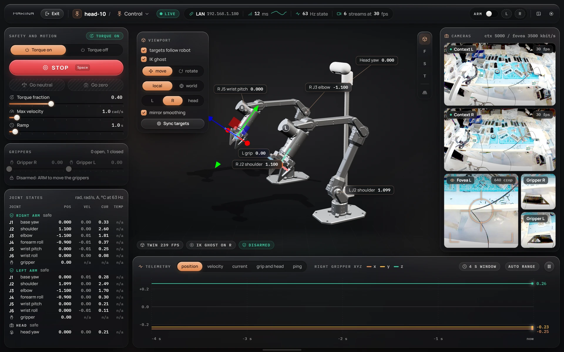 The MAKIINA Robot Console arm control page in a live session: joint states, the 3D twin of the robot and six camera feeds from its head